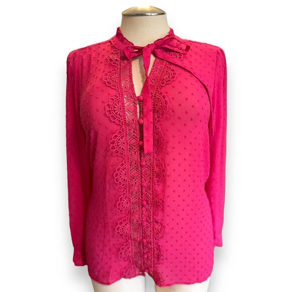 Torrid 2 (2x 18/20) Sexy Hot Pink Chiffon Clip Dot Tie Neck Secretary Blouse Top - Picture 1 of 3